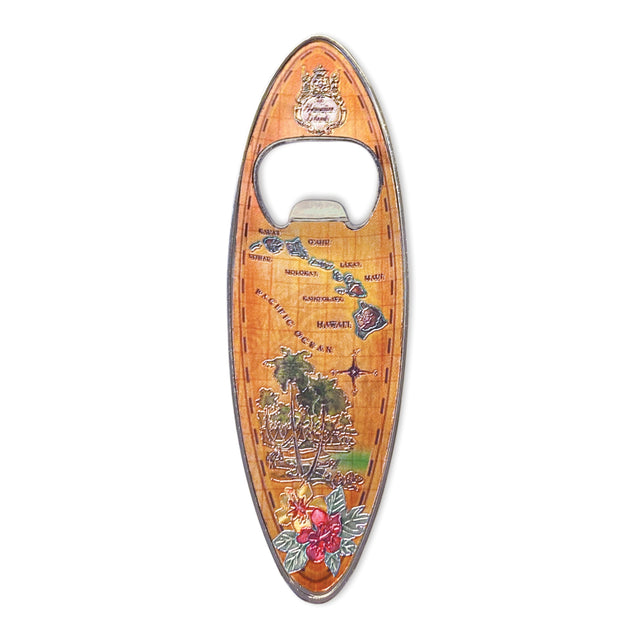 Islands of Hawai‘i foil bottle opener magnet with vibrant tropical design and strong magnet for kitchen or bar use.