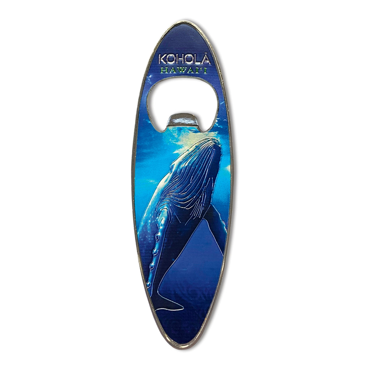 Koholā Hawai‘i foil bottle opener magnet with vibrant tropical design and strong magnet for kitchen or bar use.