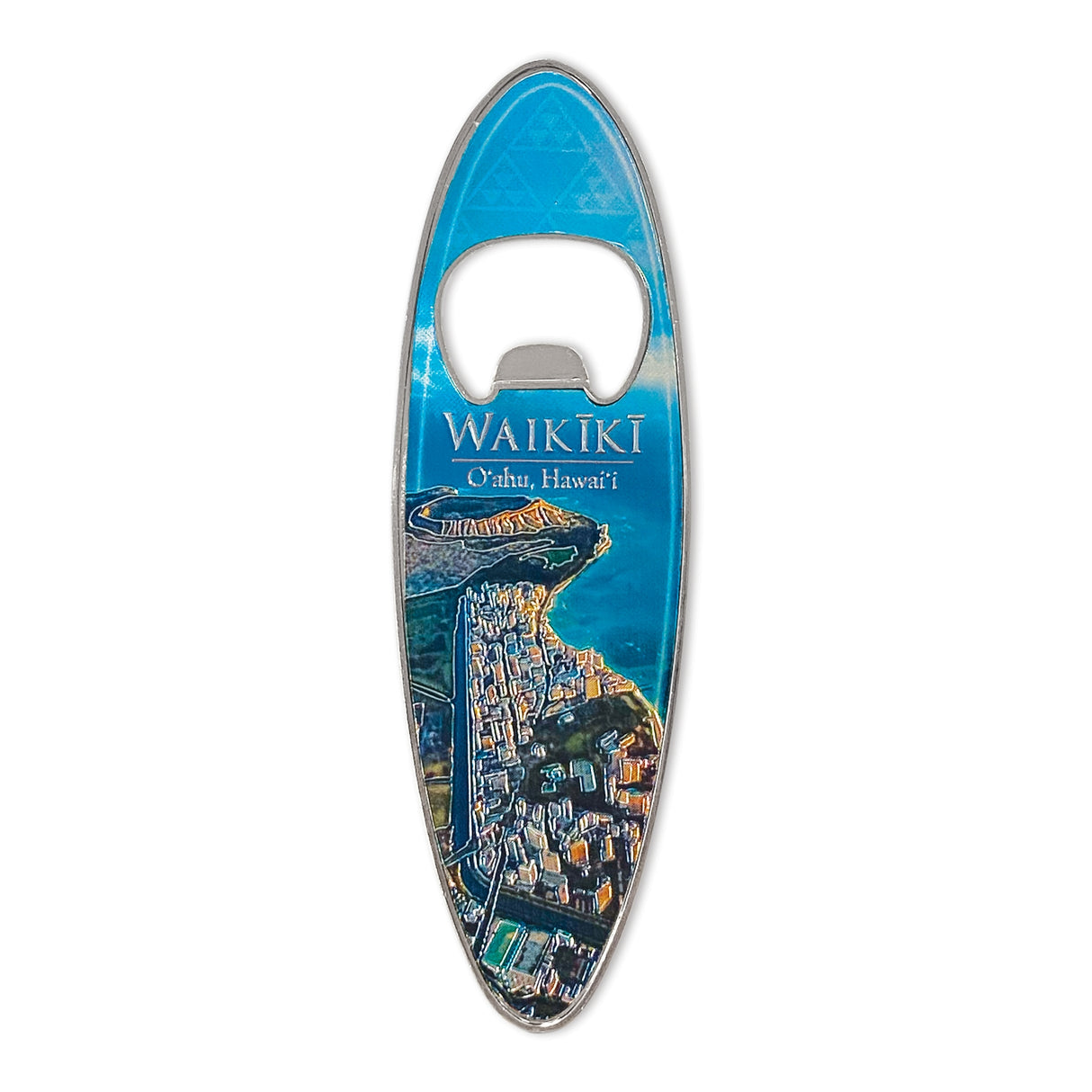 Waikīkī Strip foil bottle opener magnet with a vibrant tropical design and strong magnet for fridges or bars.