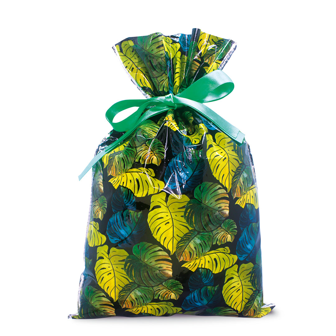 Foil Drawstring Gift Bags Small 3 Pack, Monstera Black