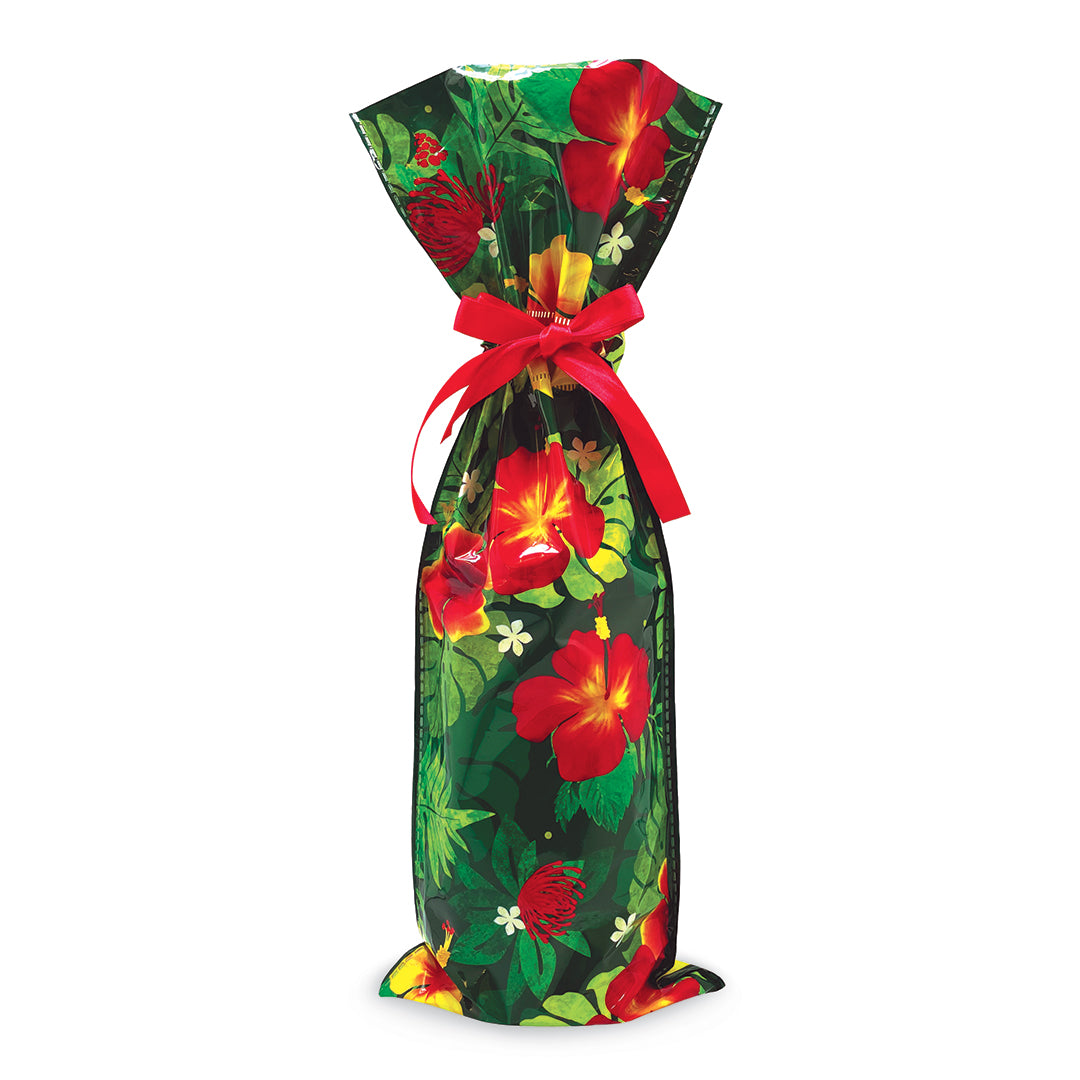 Foil Drawstring Wine Gift Bags 3 Pack, Floral Monstera