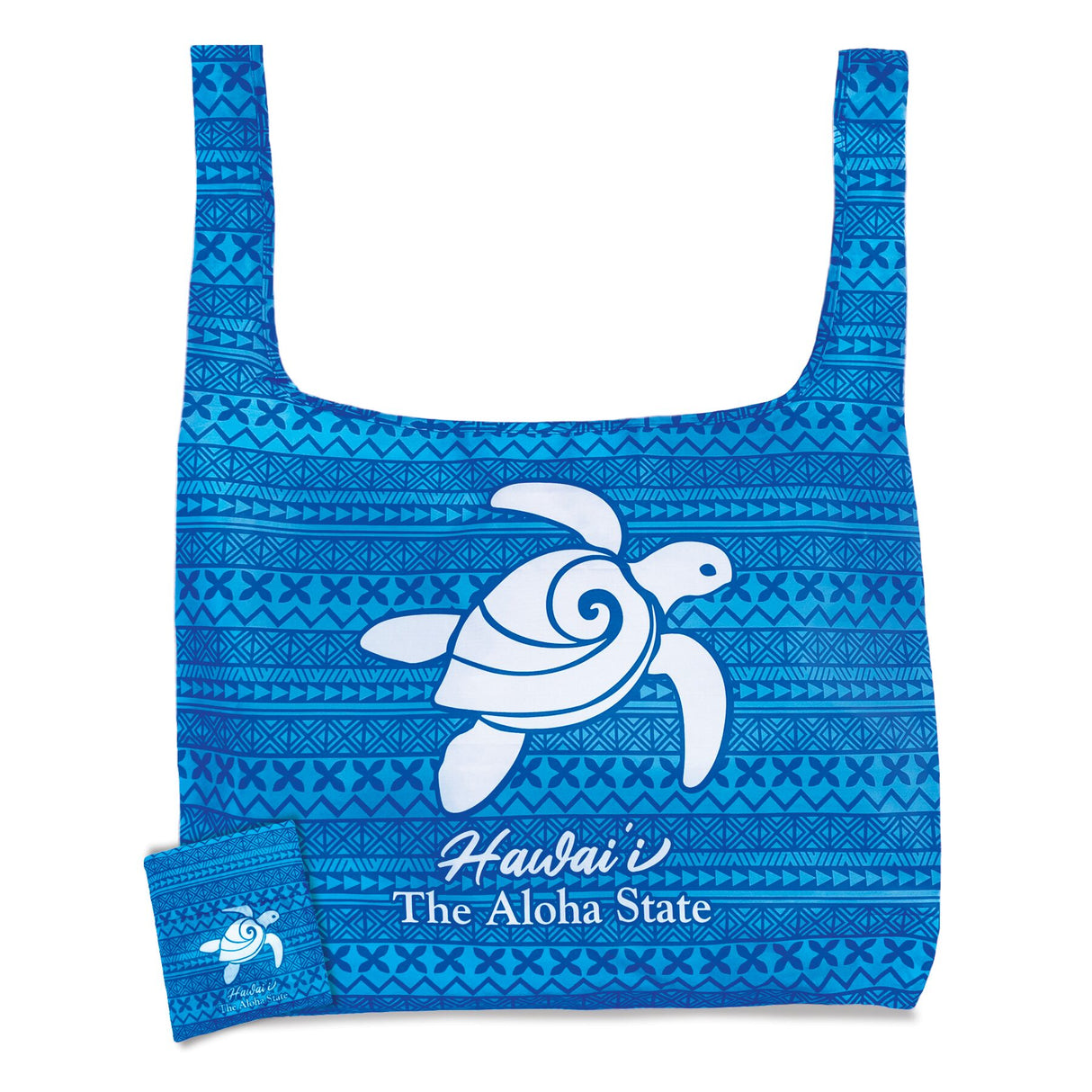 Compact folded view of the Aloha Honu Blue Foldable Tote for easy storage