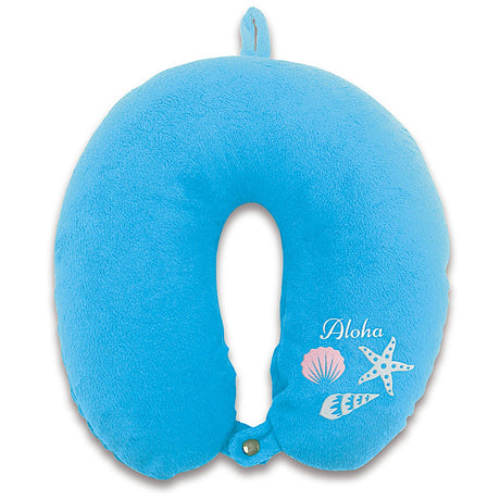 The front of a blue aloha shells Hawaii neck pillow