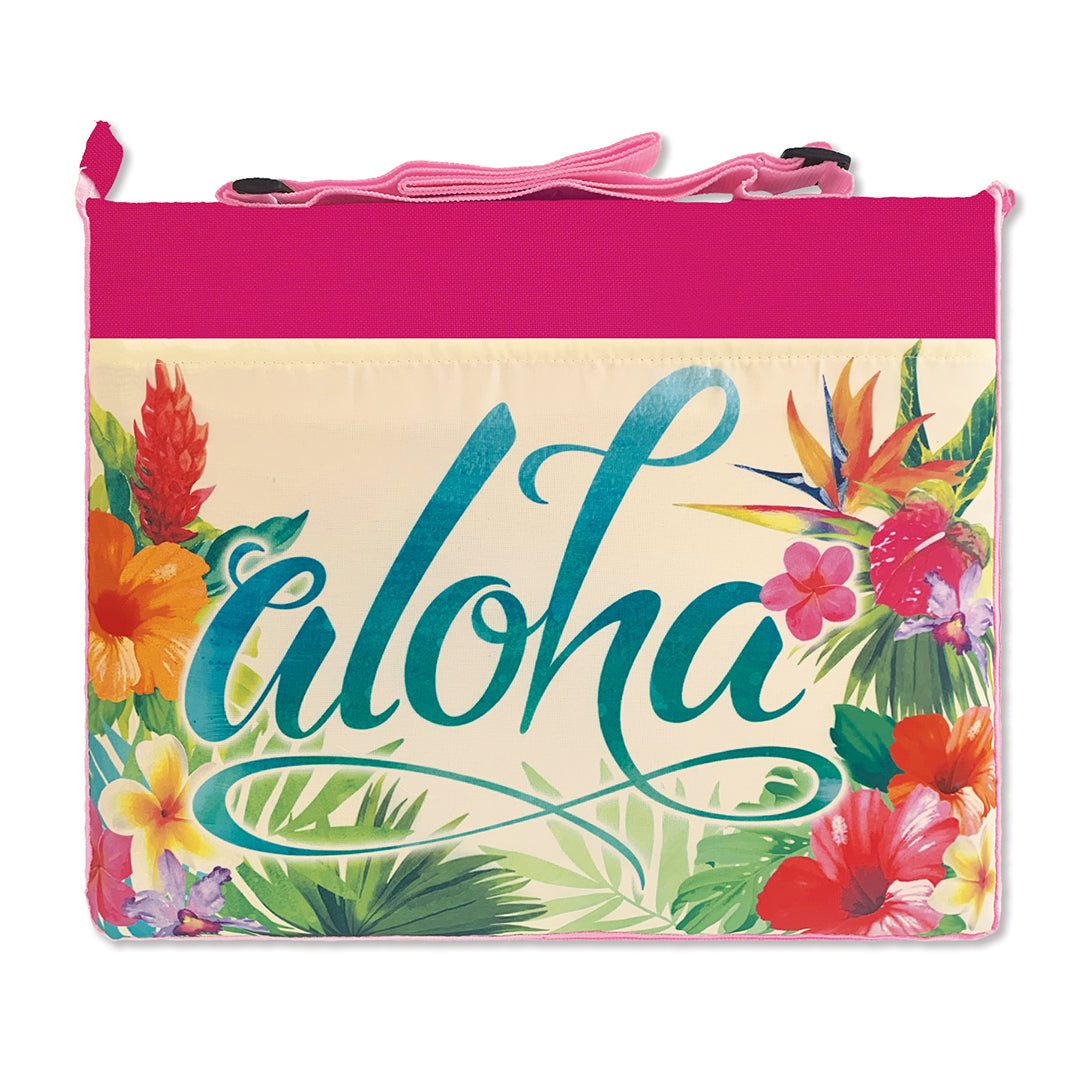 Front of a folded pink aloha floral beach mat
