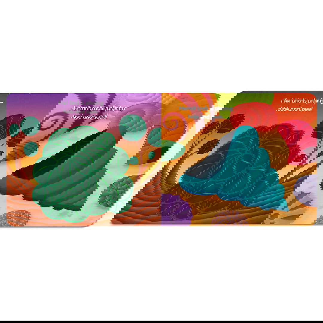 Interactive lift-the-flap board book where young readers play hide and seek with cute creatures like the green turtle, clownfish, and happy-face spider.