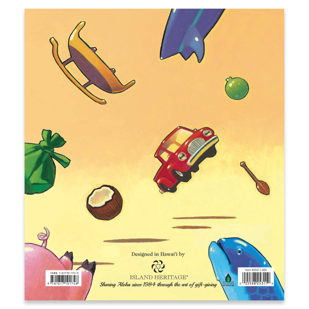 Children's book back cover with various illustrations on a yellow background