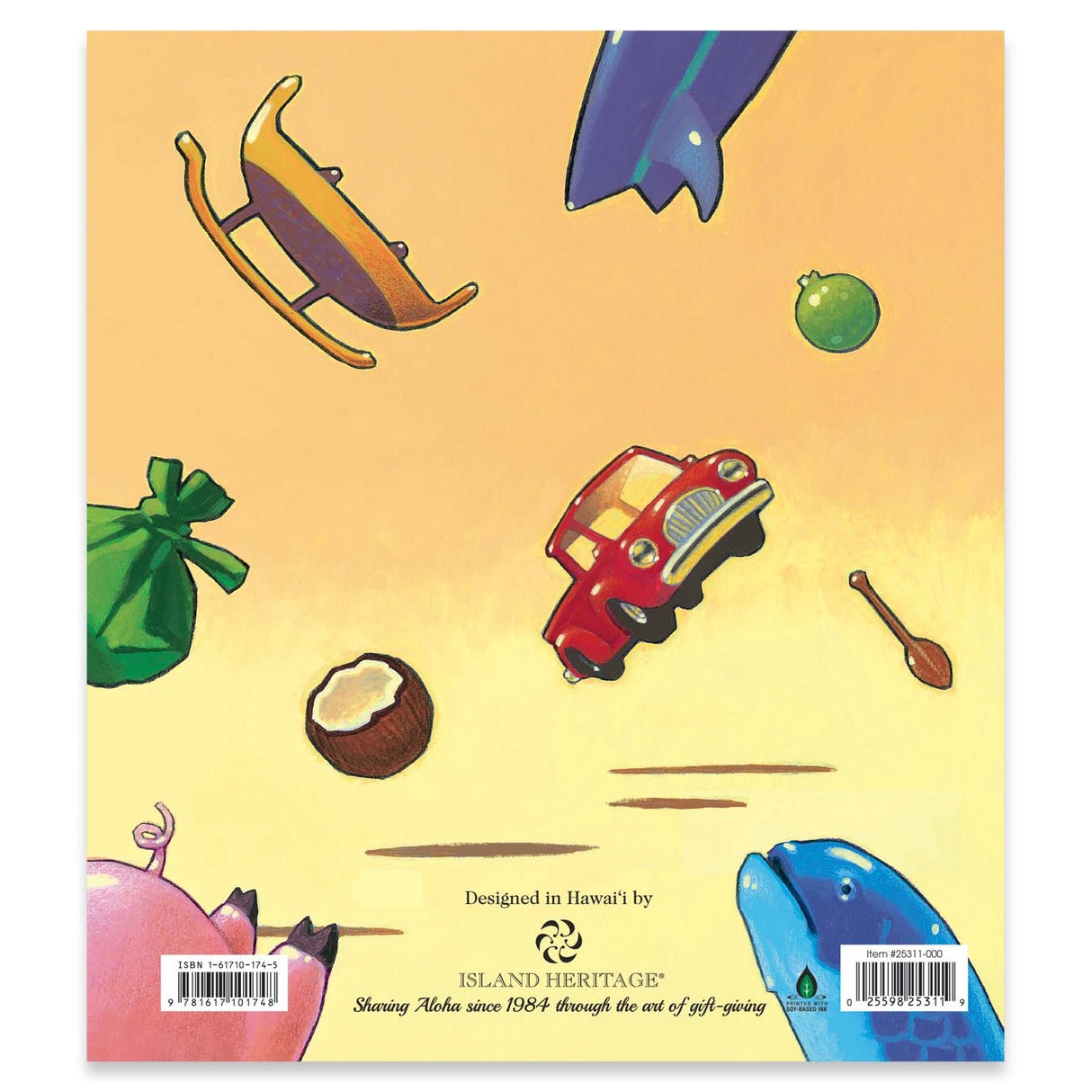 Children's book back cover with various illustrations on a yellow background