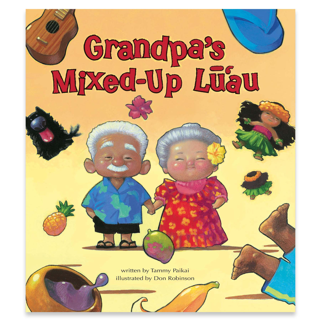 Book cover of 'Grandpa's Mixed-Up Luáñáu' with cartoon grandparents and tropical elements.
