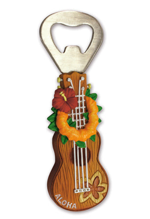 Hand Painted Polyresin Bottle Opener Magnet, ‘Ukulele Lei - Aloha