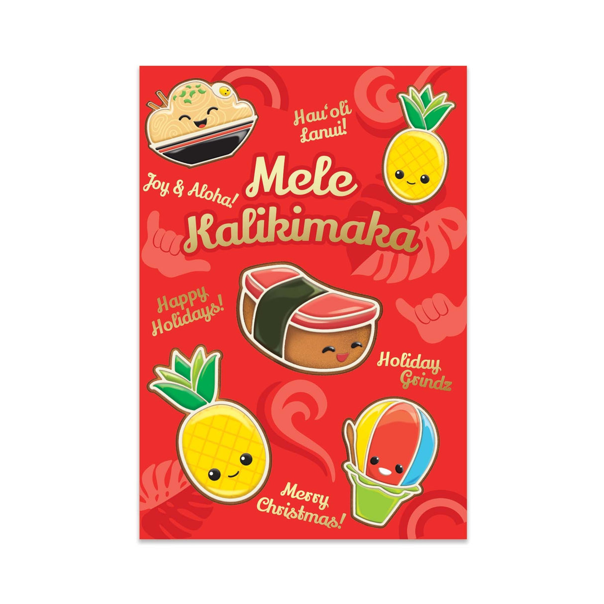 Red holiday card with cartoon food characters and festive text on a white background