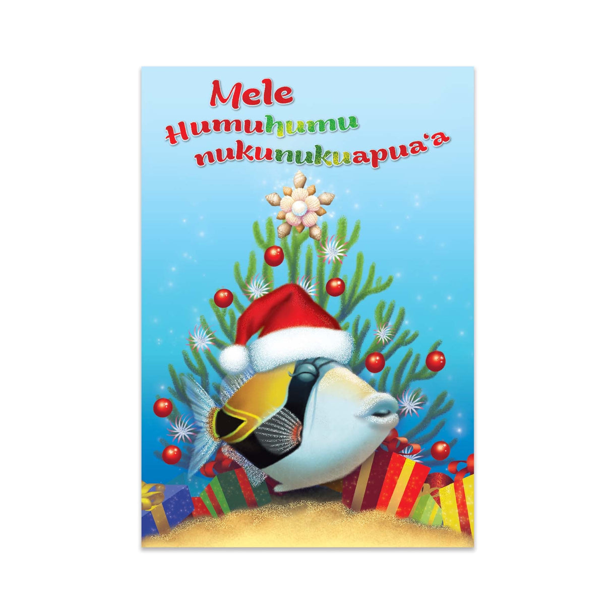 Festive greeting card with a fish wearing a Santa hat and surrounded by Christmas decorations on a blue background.