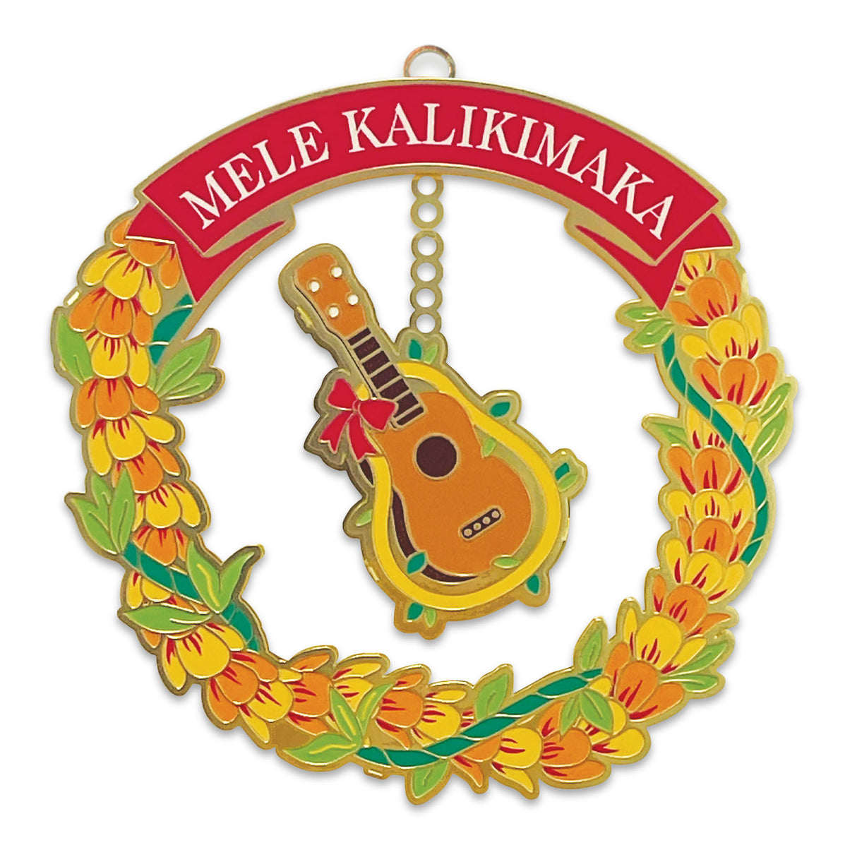 Decorative ornament with a guitar and floral wreath, featuring 'MELE KALIKIMAKA' text.