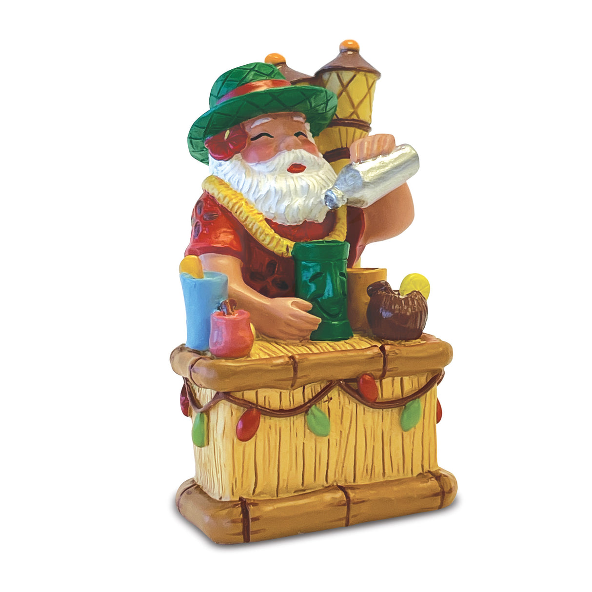 Decorative figurine of a tropical Santa Claus serving drinks at a bar.