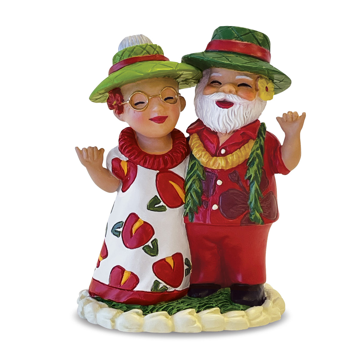 Colorful figurine of an elderly couple with hats and traditional clothing on a white background
