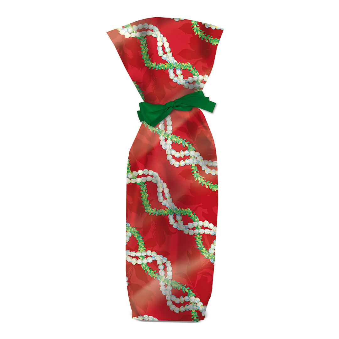 A wine gift bag with a red and green floral pattern and a green drawstring bow.