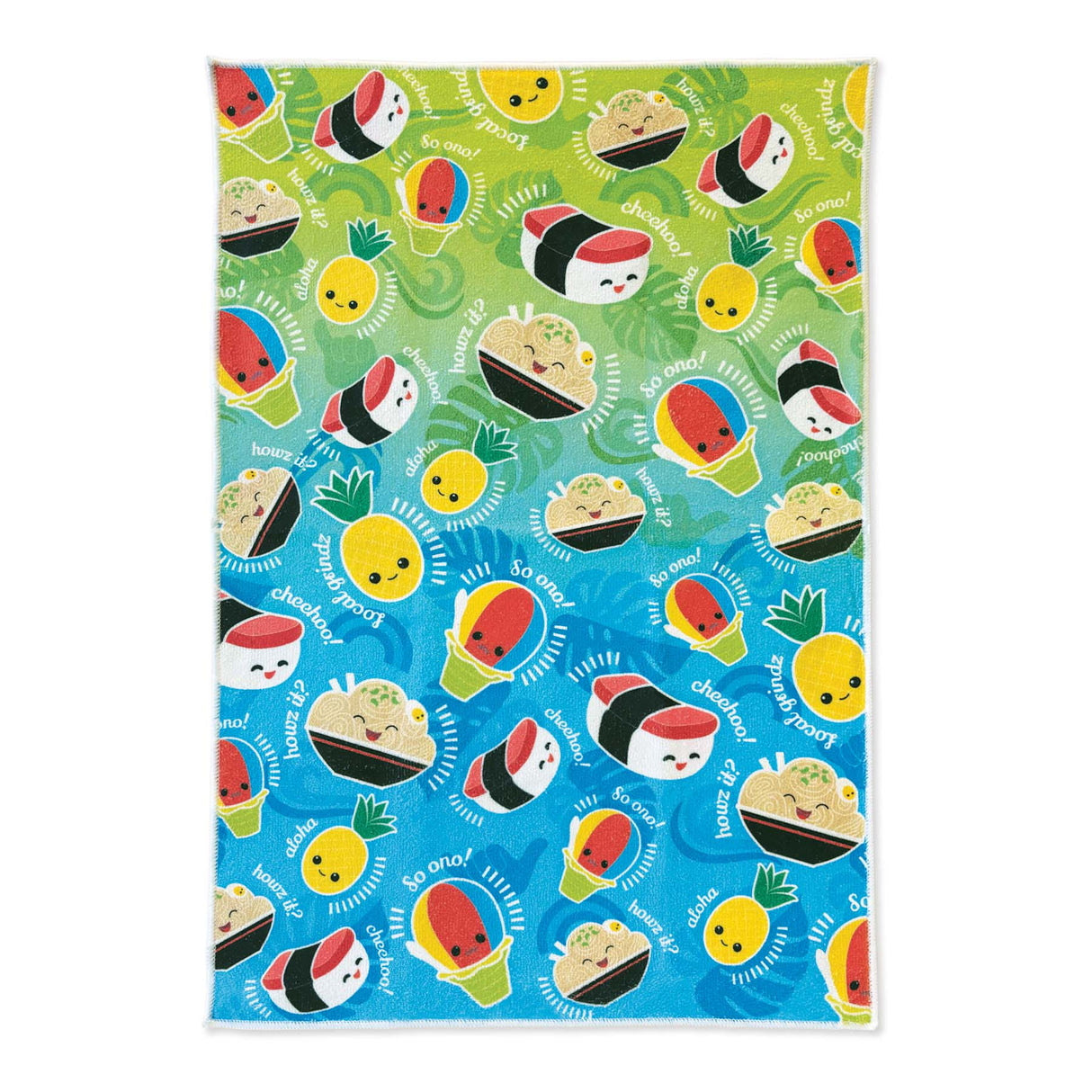 Colorful Hawaiianfood themed pattern on a green and blue background
