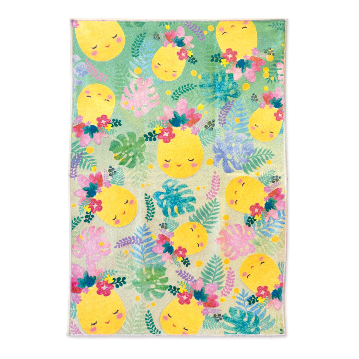 kitchen towel with smiley face pineapple design and floral elements on a green background