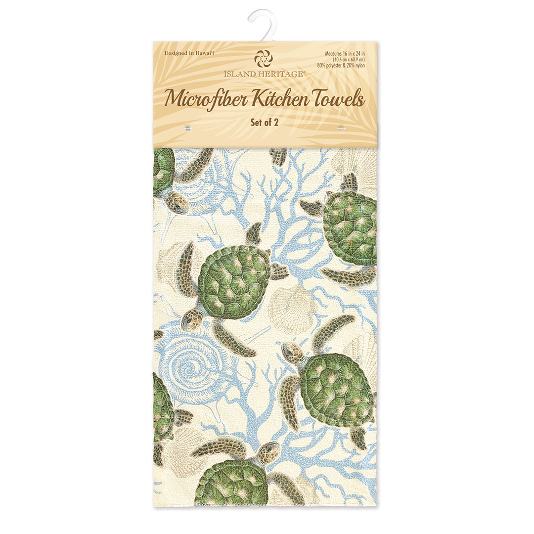 Package of white microfiber kitchen towels with Hawaiian sea turtles.