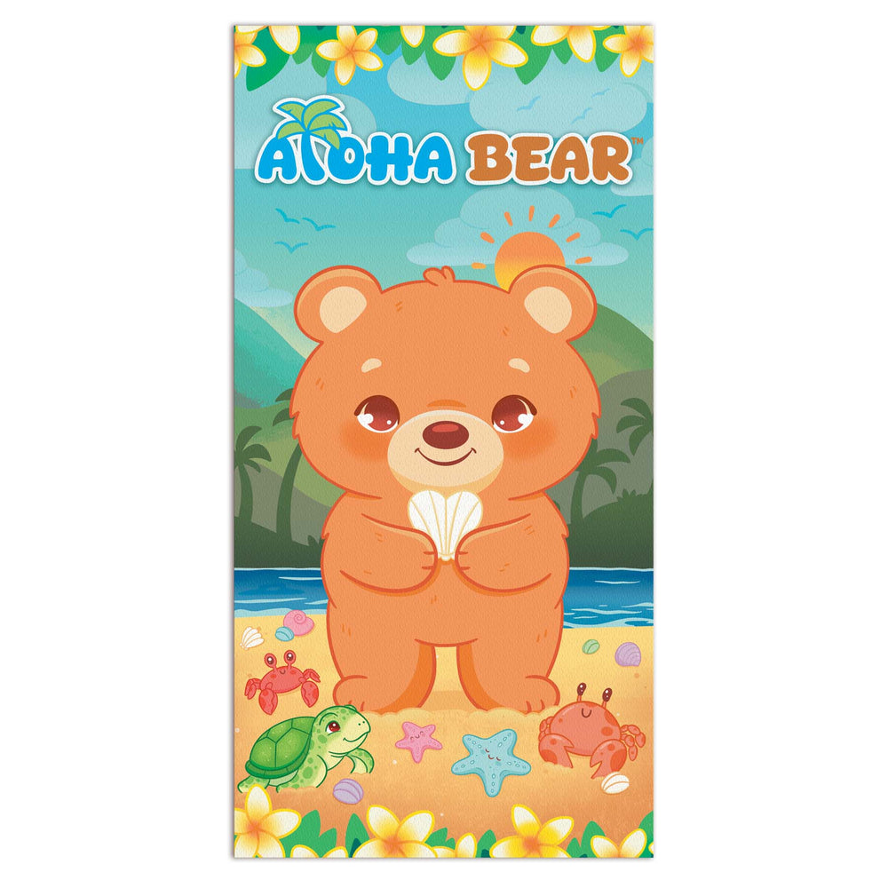 Beach towel with a cartoon bear holding a shell, surrounded by beach elements and 'Aloha Bear' branding.