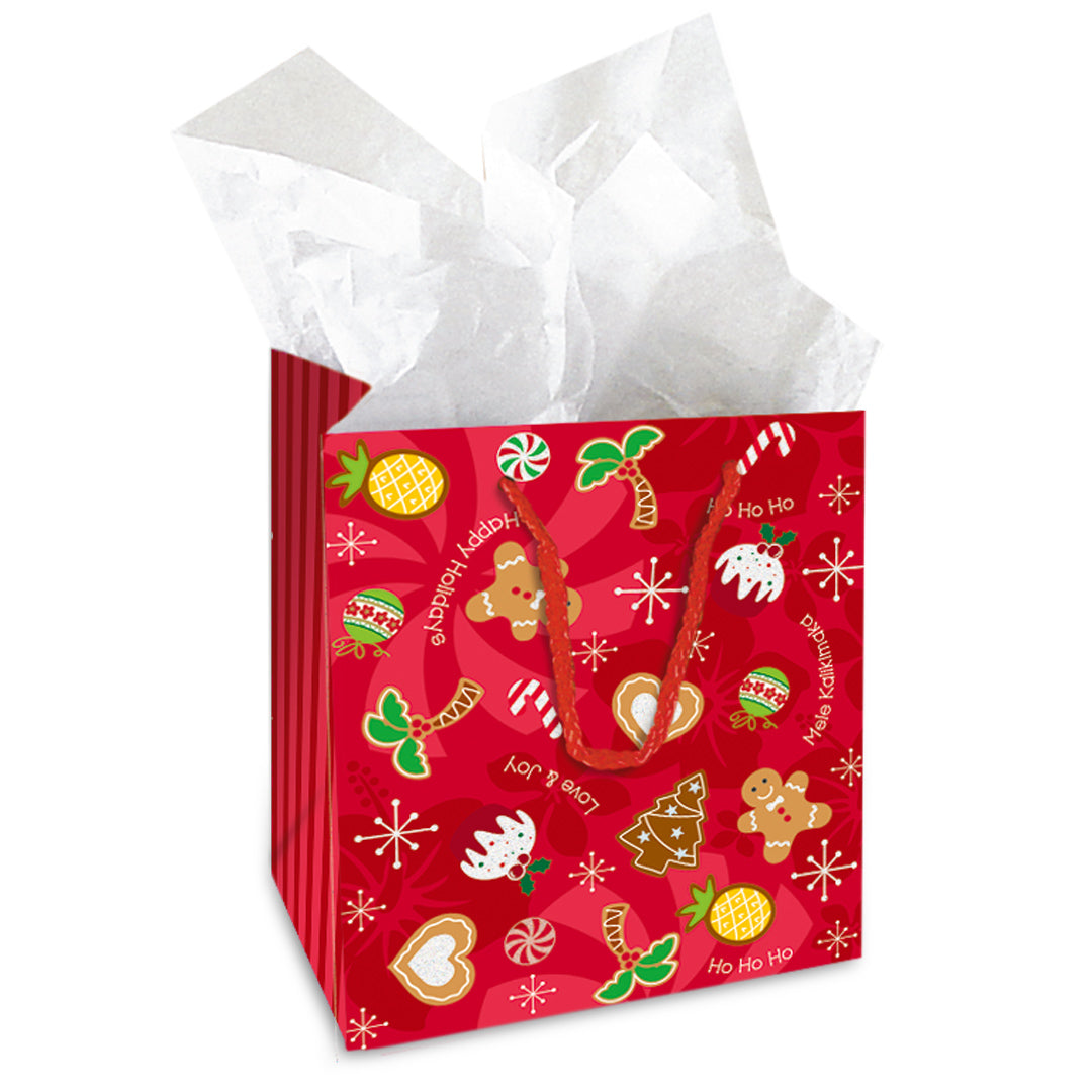 Red Christmas gift bag with festive designs on a white background
