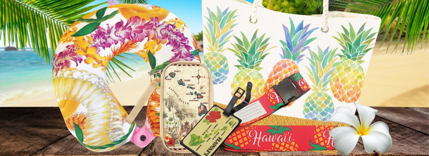 Banner with tropical plants and flowers, the beach and Hawaii neck pillow, tote bag, luggage tag, lanyard and bag.