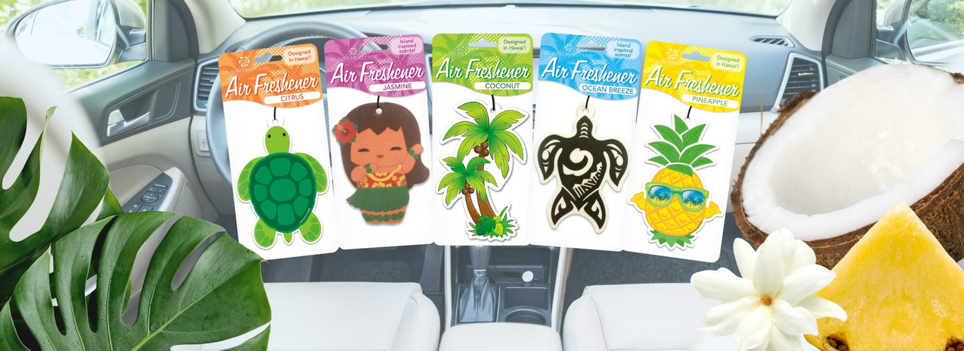 Banner with tropical plants and flowers, the dashboard of a car, Hawaii turtle, hula girl, palm trees, tribal turtle, and pineapple air fresheners.
