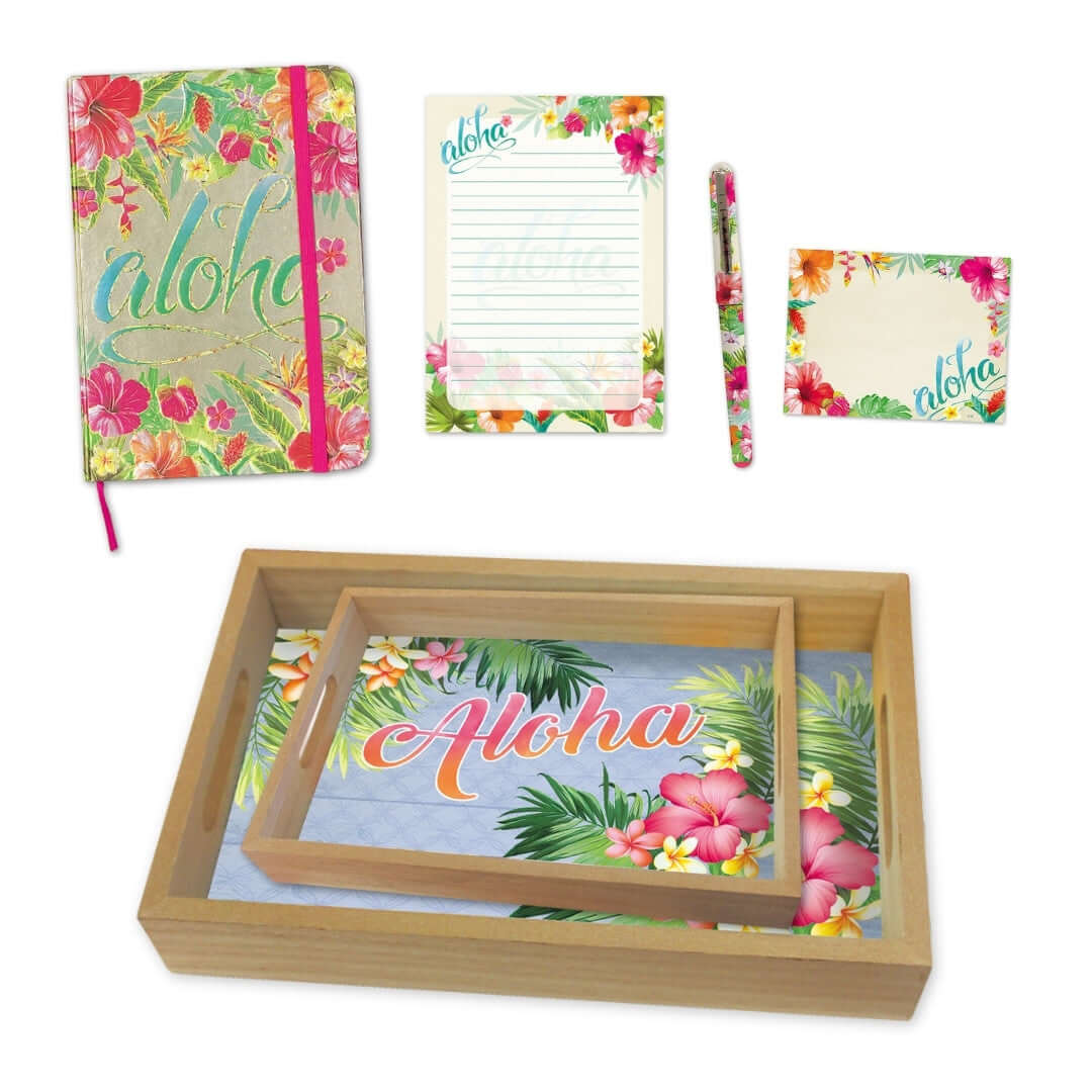 Office gift bundle featuring tropical Aloha floral designs on a notebook, pens, and desk accessories