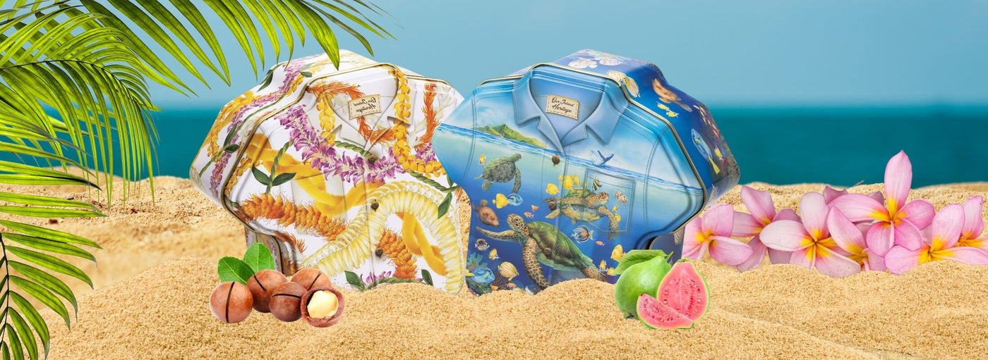 Banner with a beach scene, tropical plants, flowers and nuts, tins in the shape of Hawaii aloha shirts with leis and turtles.