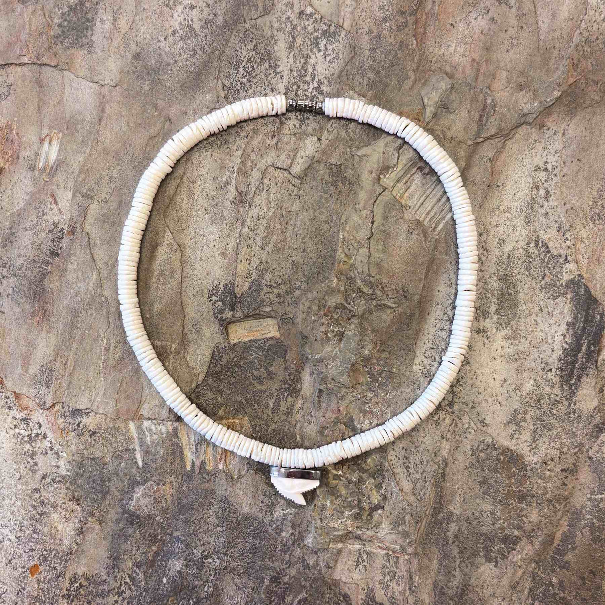 Artisan white clam shell necklace with bold sharktooth and metal clasp for a durable island look