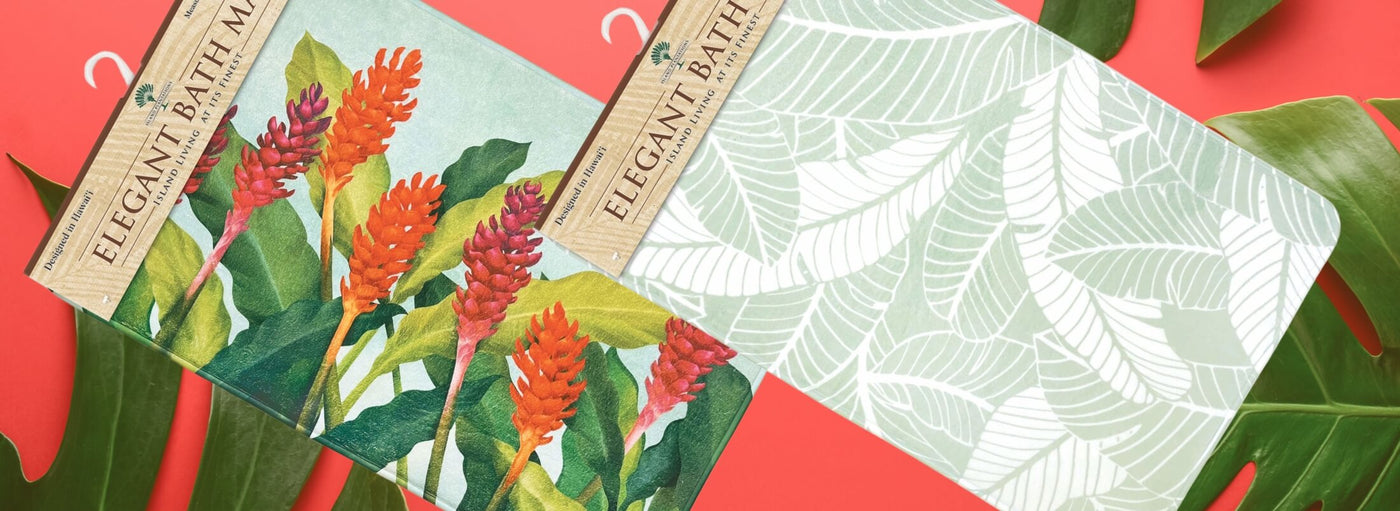 banner two bath mats red background with leaves.