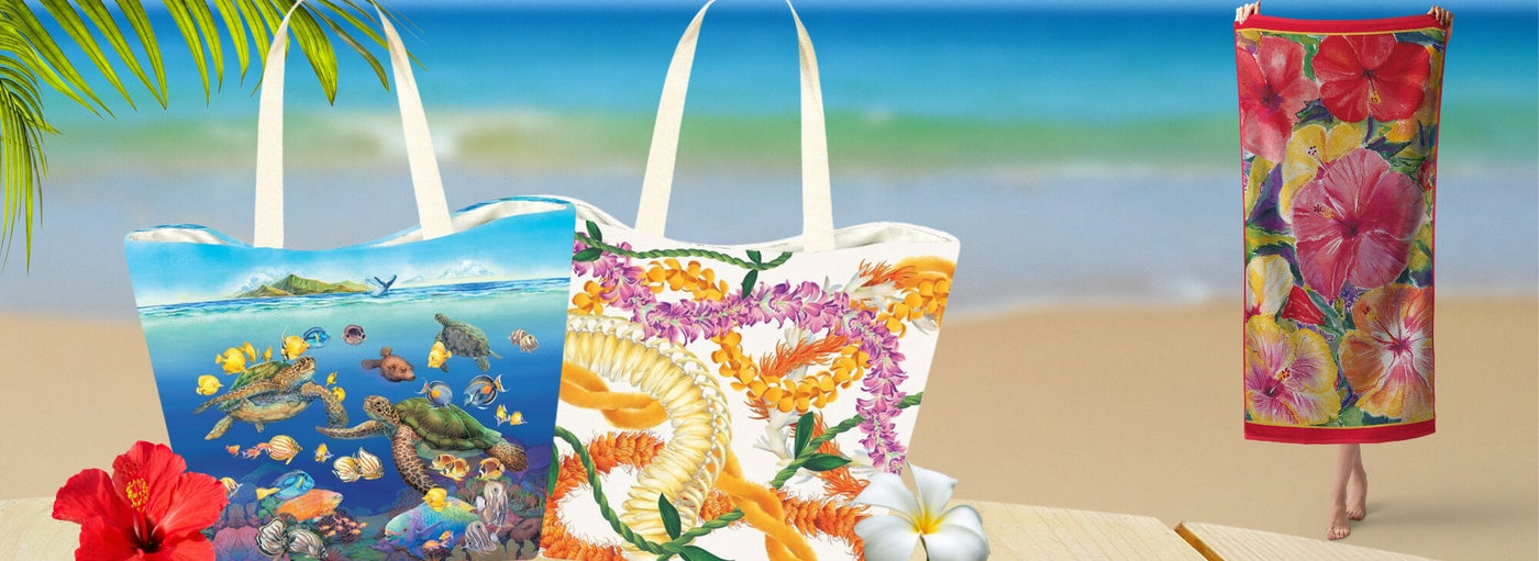 Banner with tropical plants and flowers, beach, woman holding up Hawaii floral towel. turtle and lei tot bags.