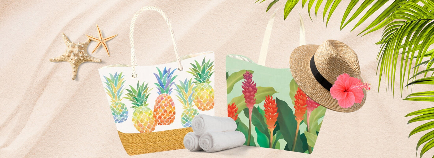 Two beach totes, one peach hat with flower, three rolled towels, two sea stars, palm leaves, sand background banner.