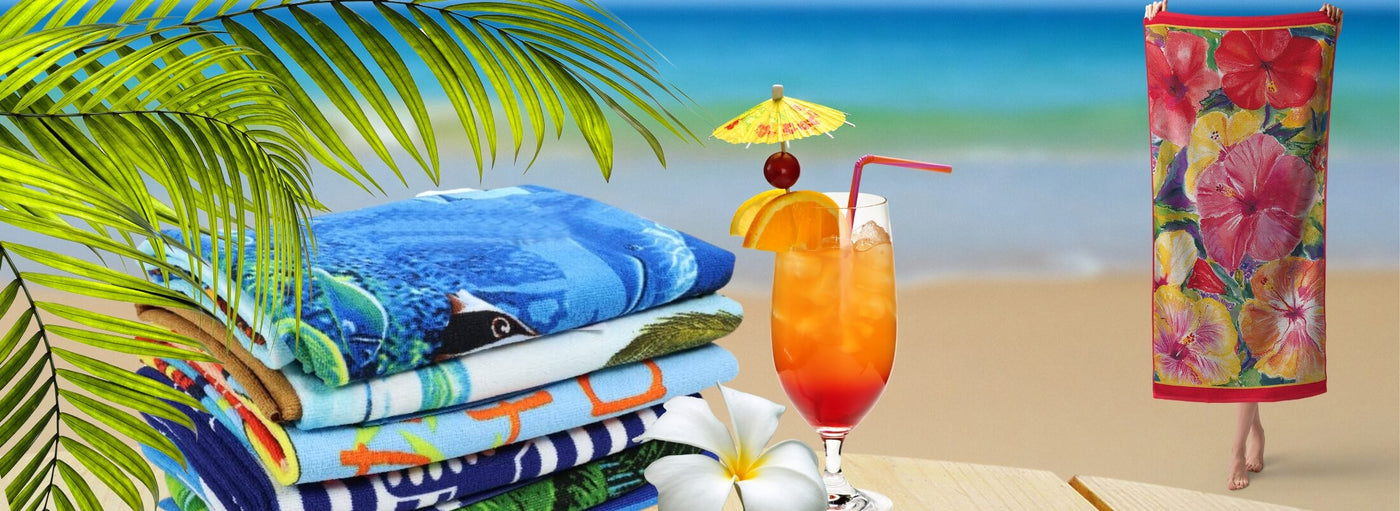 Island Heritage's Beach Towel Collection banner featuring vibrant, Hawaiian-inspired designs perfect for your beach trips and outdoor adventures