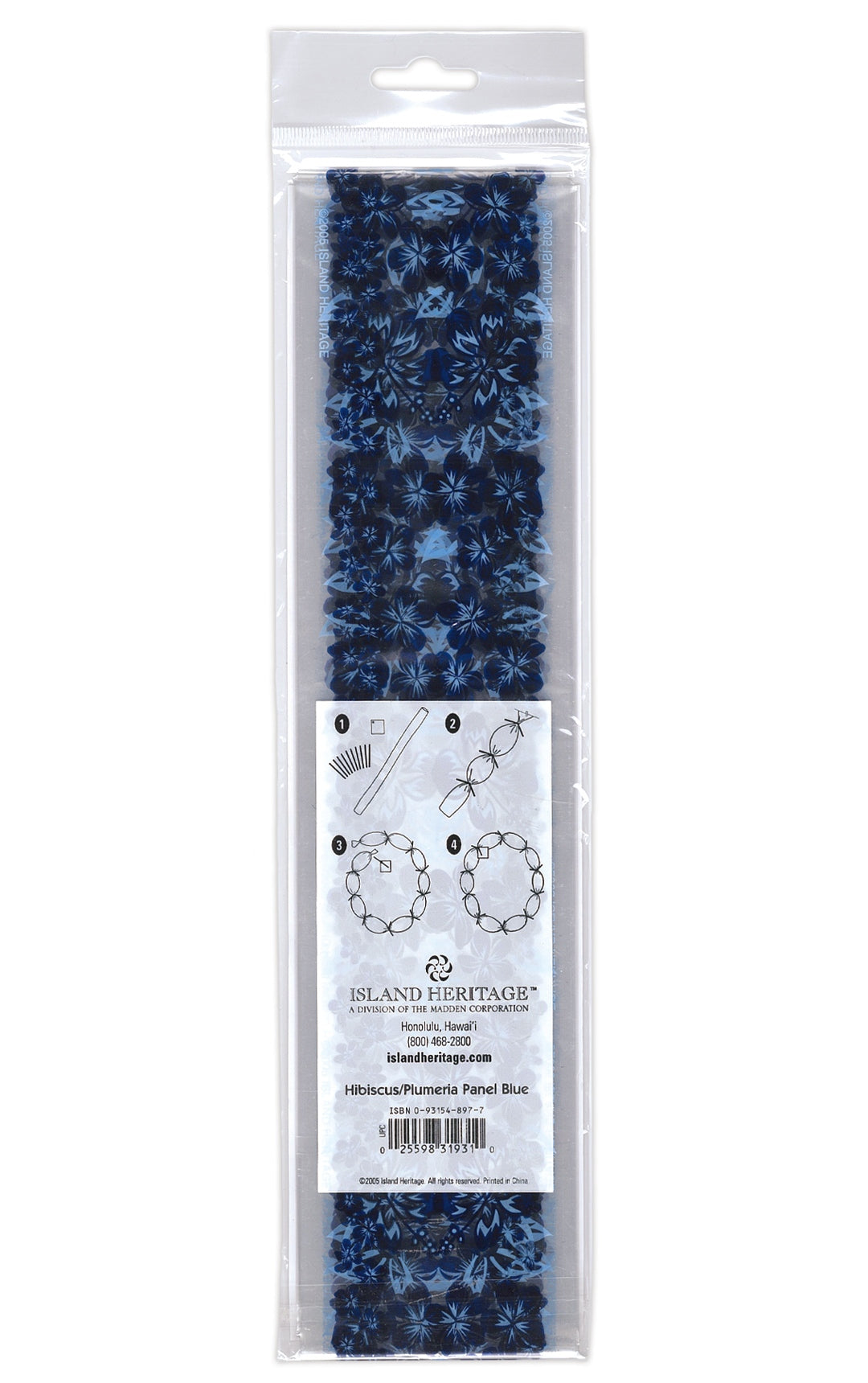 Back packaging of the blue Candy Lei Kit, Hibiscus/Plumeria Panel, showcasing product details, instructions, and tropical-themed design.