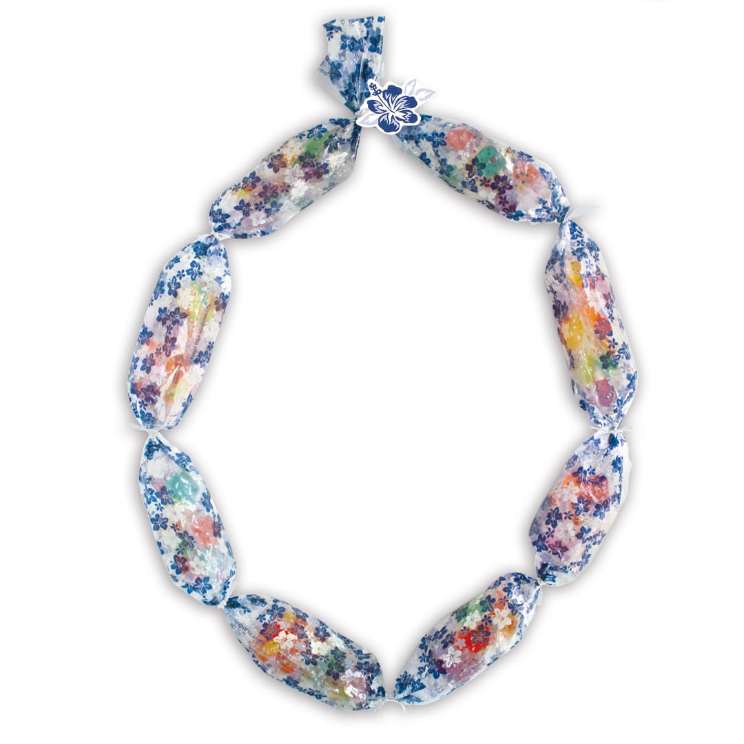 Candy Lei Kit, Hibiscus/Plumeria Panel in blue, shown in a mockup with the kit's contents and a bright tropical theme for creative crafting.