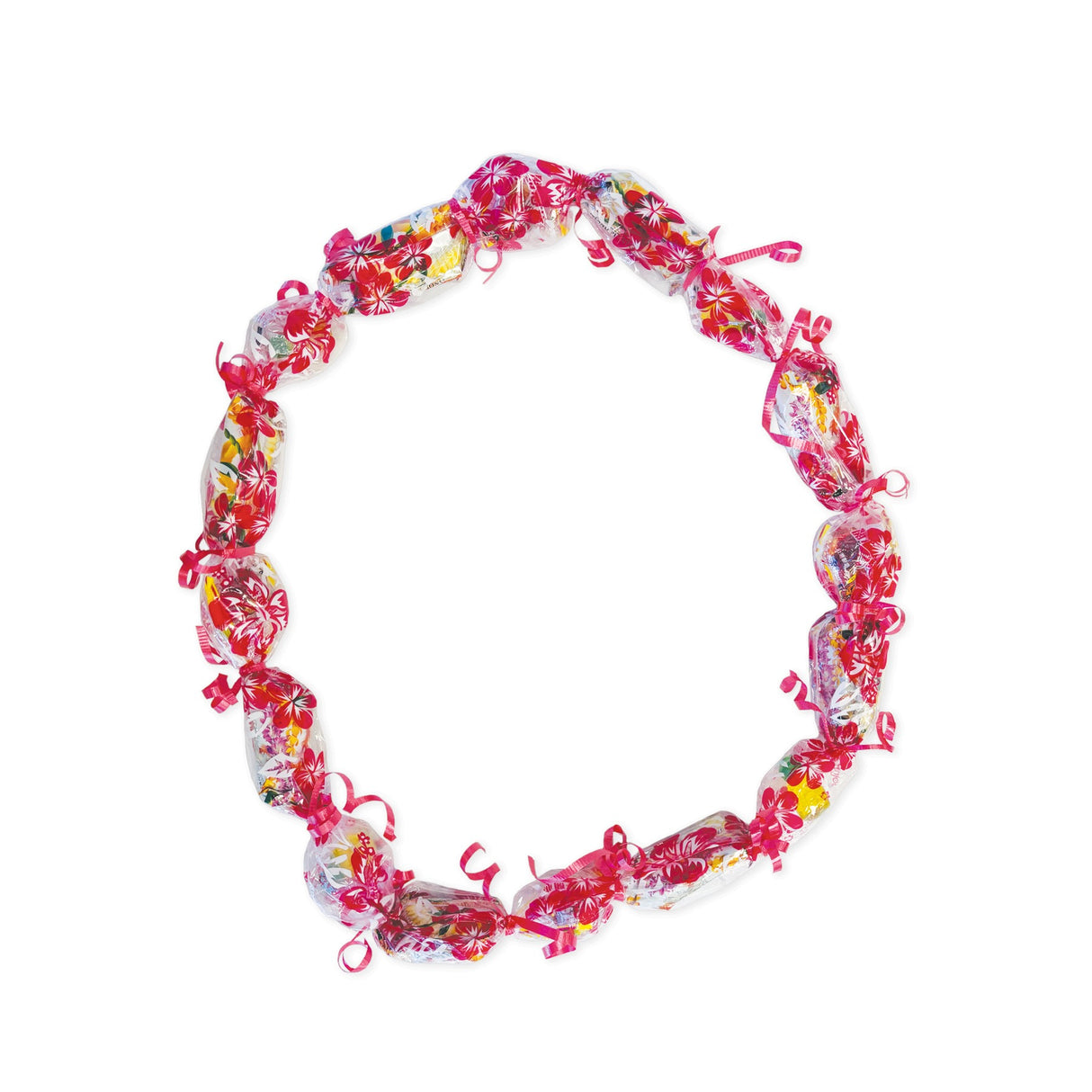 Red mockup of Island Heritage Candy Lei Kit featuring hibiscus and plumeria panel design