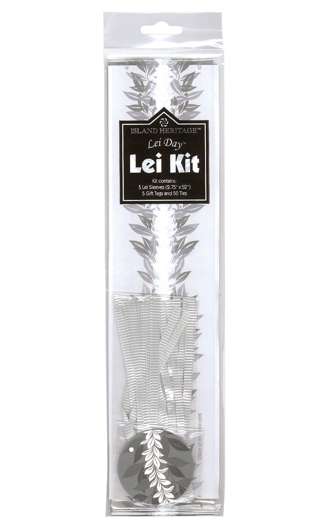 Candy Lei Kit, Maile in silver packaging, showcasing a sleek and elegant Maile leaf design for making tropical candy leis.
