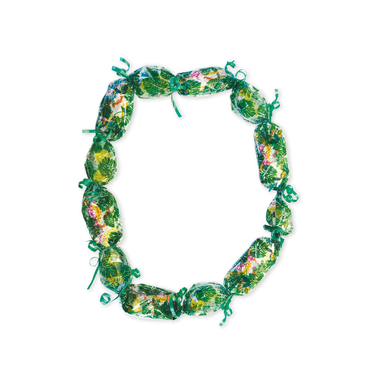 Candy Lei Kit, Monstera - Green in a mockup, displaying the kit's contents and tropical monstera leaf design for a fun crafting experience.