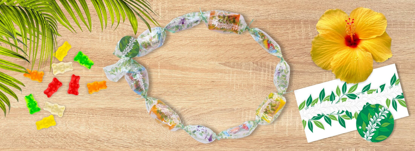 Banner with tropical plants and flowers, a Hawaii lei card, gummy bears, and a candy lei.