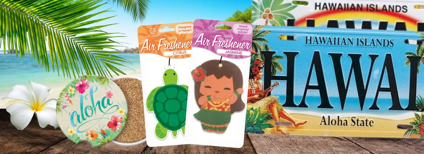 Banner with tropical plants and flowers, beach, Hawaii licence plates, aloha coasters, turtle and hula girl air fresheners.