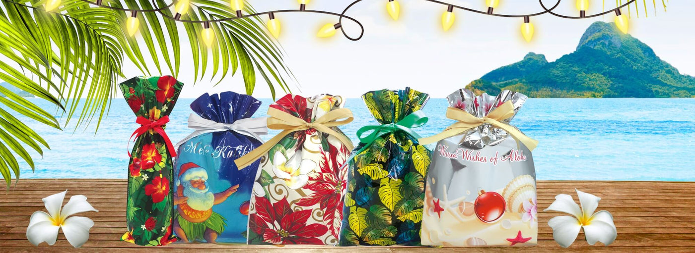 Banner with tropical plants and flowers, island, ocean, Christmas lights, Hawaii gift wrap bags.