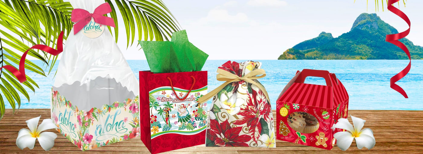 Banner island themed Hawaii Christmas gift wrapping bags, boxes, and ribbon.