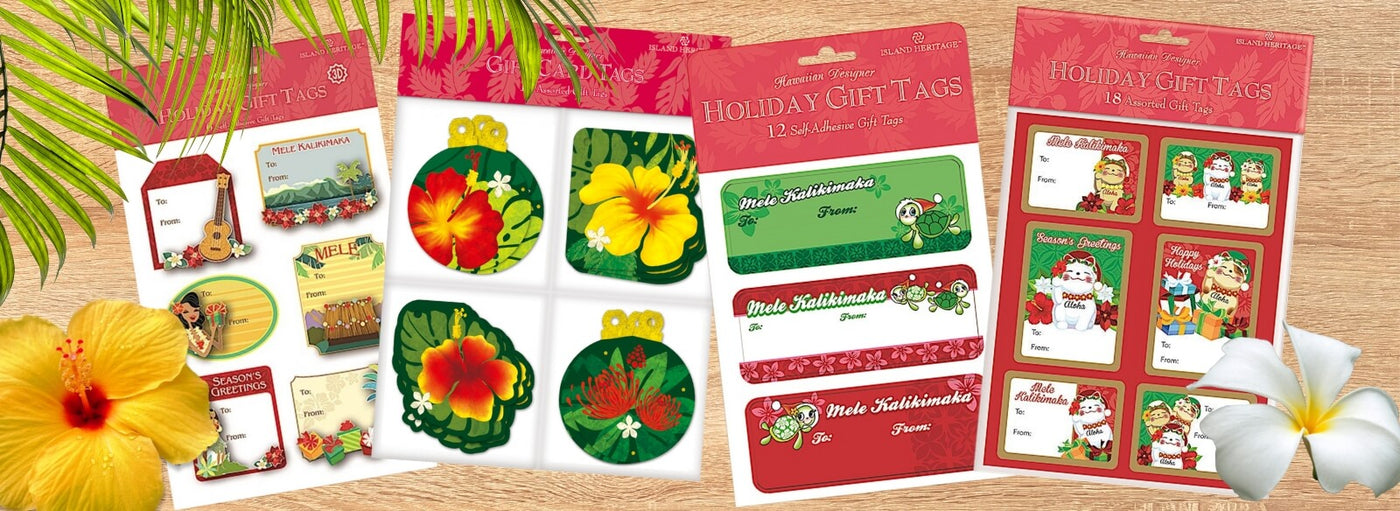 Banner with tropical plants and flowers, wooden background, packages of Hawaii holiday gift tags.
