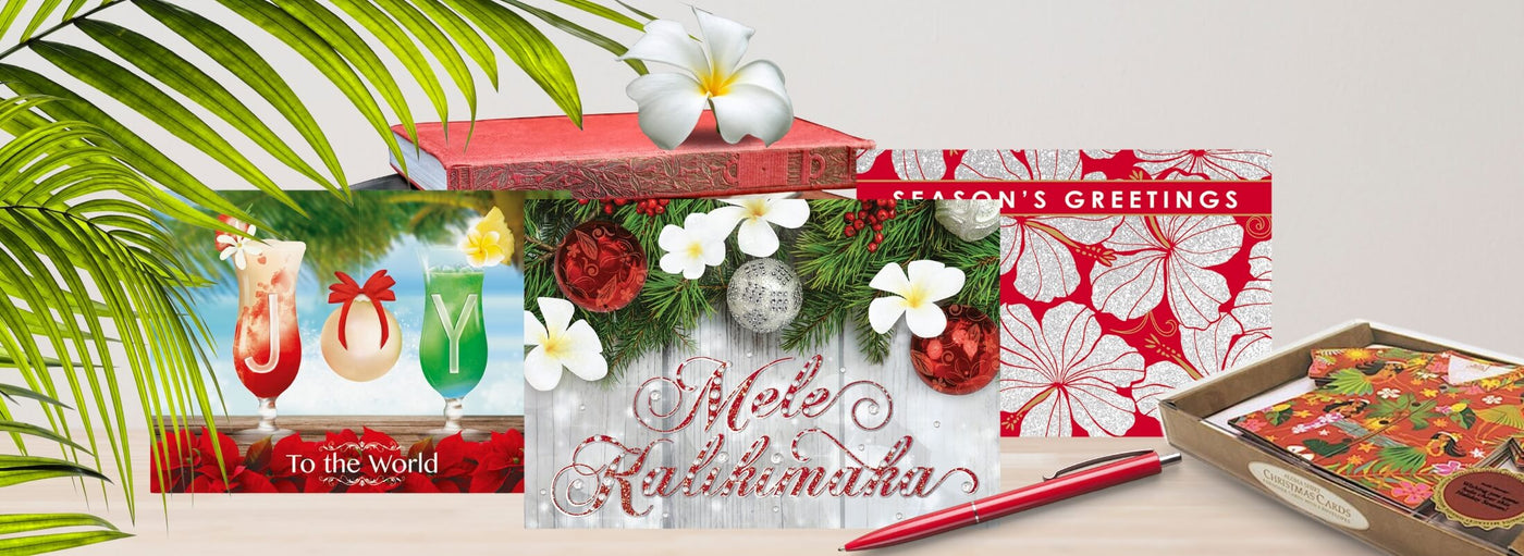 Island Heritage's Christmas greeting cards collection banner, featuring festive Hawaiian-themed cards to spread holiday cheer