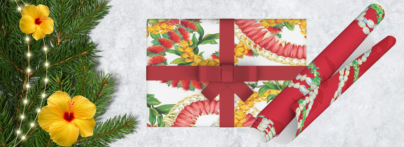 Banner with tropical flowers, a Hawaii wrapped Christmas gift, red lei wrapping paper.