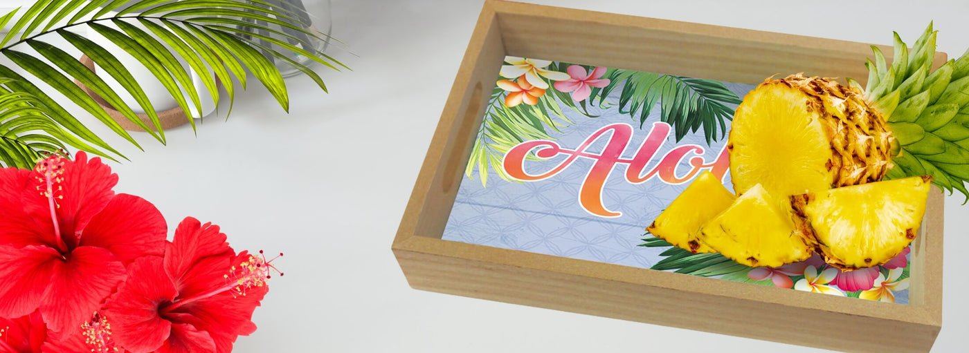 Hawaii wooden tray with blue floral aloha print. A pineapple, flowers and palm leaves.
