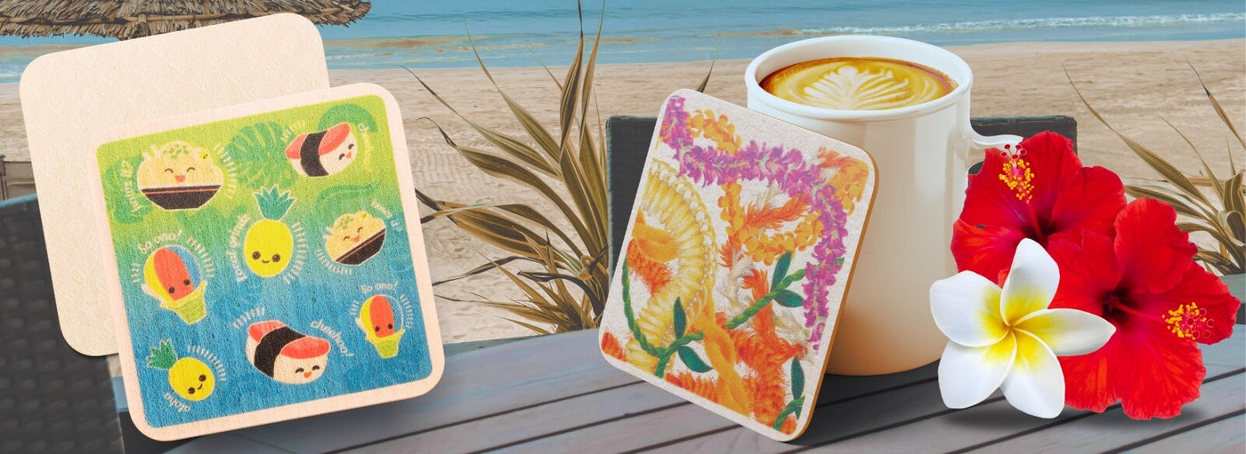 Hawaii beach, tropical flowers, a mug of coffee, a lei and musubi food coasters.