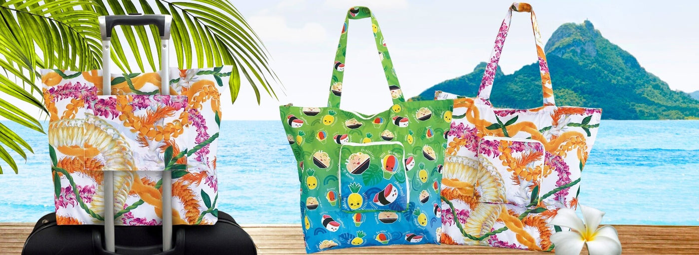 Banner with tropical plants and flowers, island, ocean a suitcase, and Hawaii lei and food themed bags.