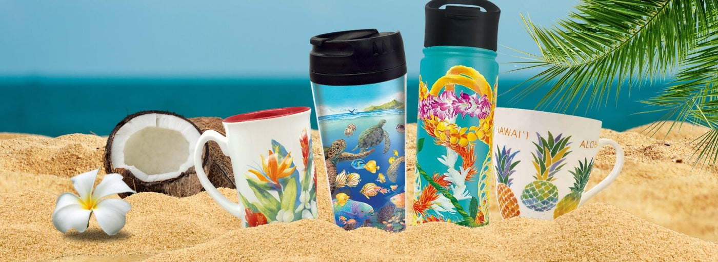 Hawaii mug, water bottle, coffee cup and coconut in the sand