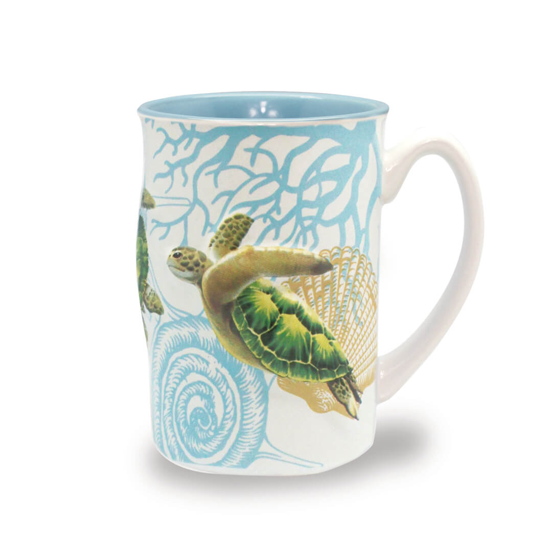 Honu Voyage Embossed Mug, 14 oz. size, showcasing a turtle-inspired design for a unique island experience.